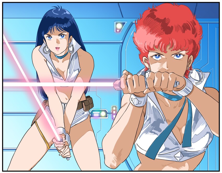 1980s_(style), 2girls, bare_shoulders, blue_eyes, blue_hair, dirty_pair, earrings, futuristic