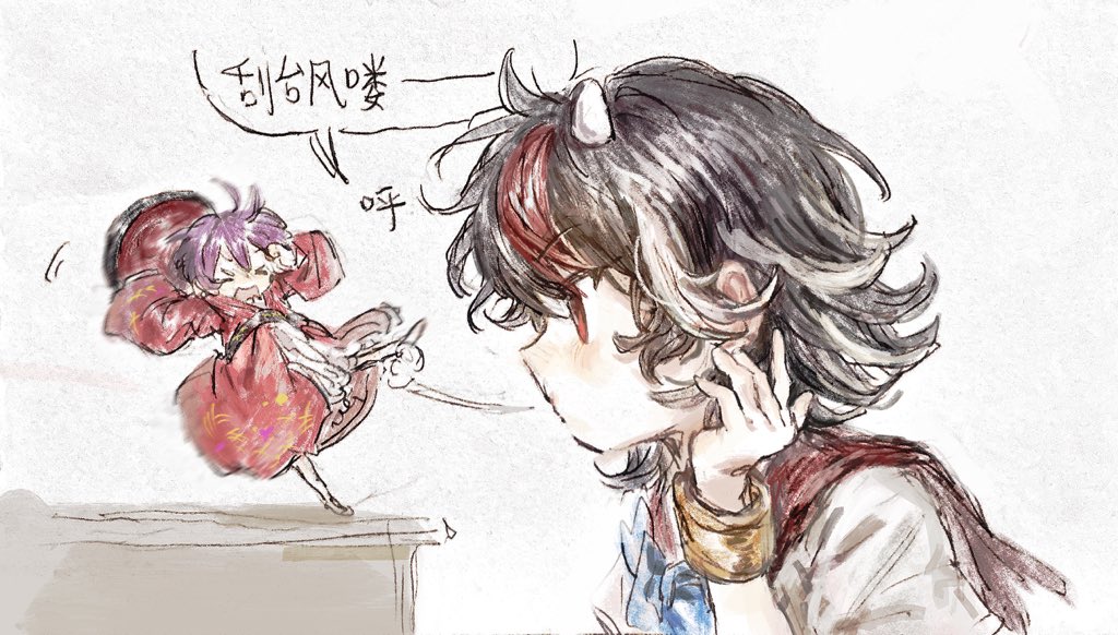 2girls, black_hair, blowing, blue_bow, blue_bowtie, bow, bowl, bowl_hat