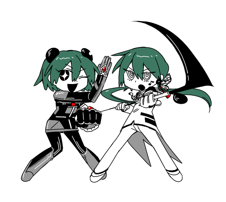 2girls, animal_ears, bear_ears, bear_paws_(e.g.o), bodysuit, commentary_request, da_capo_(e.g.o), e.g.o_(project_moon)