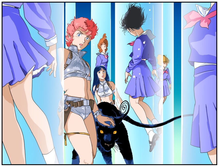 1980s_(style), bare_shoulders, black_hair, blue_eyes, blue_hair, brown_hair, dirty_pair, earrings