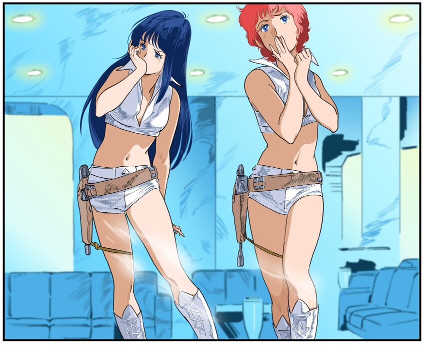 1980s_(style), 2girls, bare_shoulders, blue_eyes, blue_hair, couch, dirty_pair, earrings