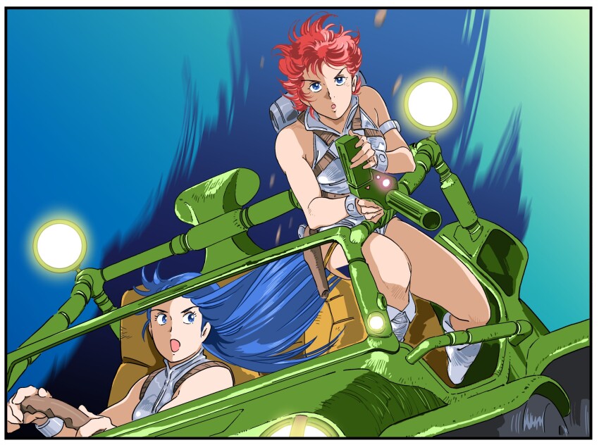 1980s_(style), 2girls, action, bare_shoulders, blue_eyes, blue_hair, dirty_pair, driving