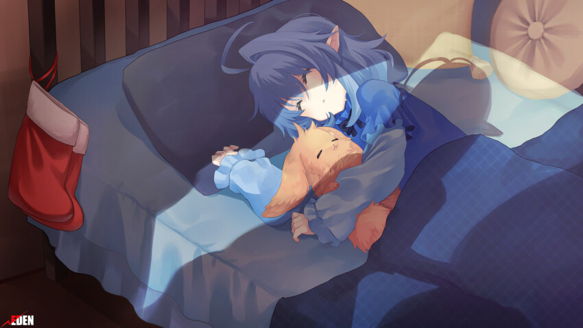 ahoge, airy_windia, animal, blue_hair, christmas_stocking, crack_of_light, highres, kota_(tw)