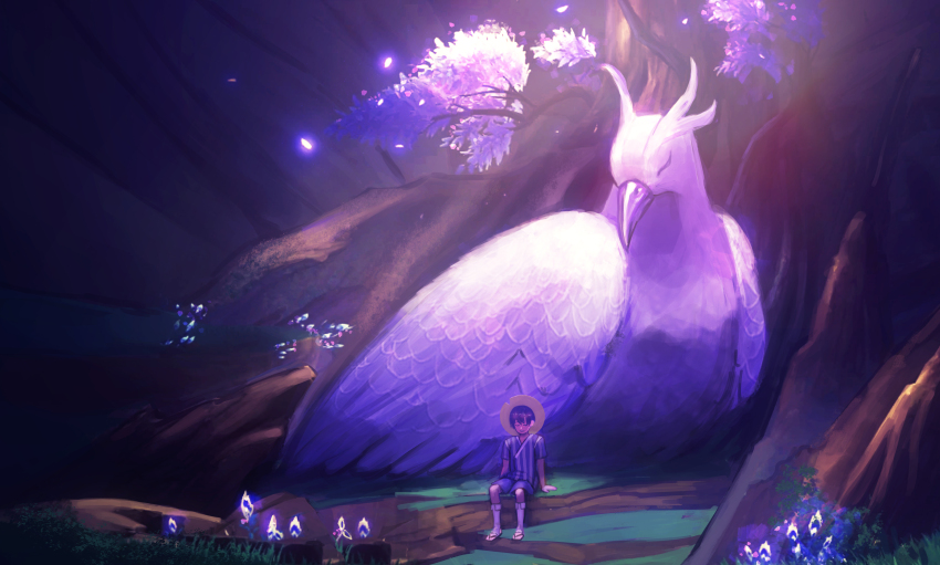 1boy, absurdres, bird, blurry, cherry_blossoms, closed_eyes, commentary, creature