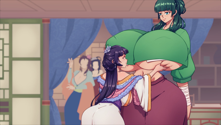 4girls, alternate_breast_size_(larger), alternate_height, architecture, blunt_bangs, blurry, blurry_background, breasts