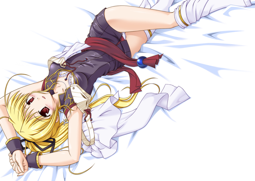 1girl, armpits, arms_up, bed, blonde_hair, blush, bra, capelet, cynthia_marguerite, dress, fana, female_focus, highres, legs, lingerie, lying, on_back, open_clothes, open_shirt, panties, pantyshot, red_eyes, sash, shirt, solo, thighhighs, underwear, white_bra, white_panties, white_thighhighs, wrist_cuffs, yoake_mae_yori_ruri_iro_na