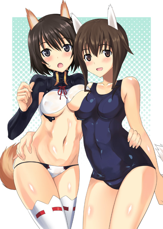 2girls, :o, animal_ears, asymmetrical_docking, bad_id, bare_shoulders, black_eyes, black_hair
