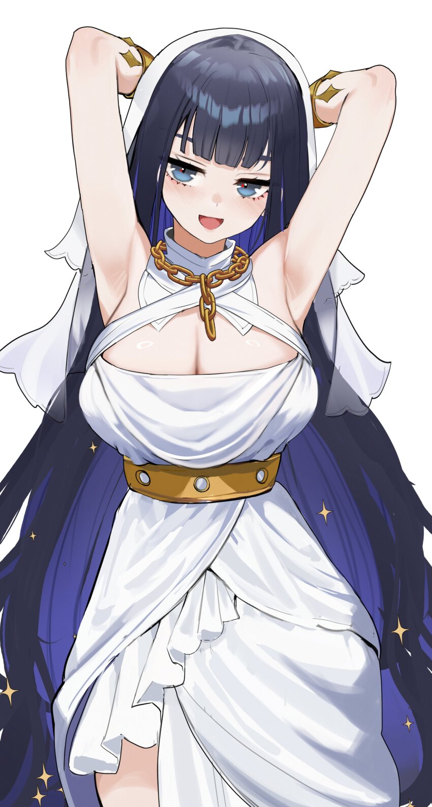 1girl, :d, absurdres, armpits, arms_behind_head, arms_up, beret, black_hair, blue_eyes, blue_hair, blunt_bangs, breasts, chain, chain_necklace, cleavage, cleavage_cutout, clothing_cutout, colored_inner_hair, commentary, dress, hat, highres, hololive, hololive_english, jewelry, large_breasts, long_hair, looking_at_viewer, multicolored_hair, necklace, official_alternate_costume, official_alternate_hairstyle, open_mouth, ouro_kronii, ouro_kronii_(goddess), smile, solo, veil, virtual_youtuber, white_dress, white_veil, zeragoes