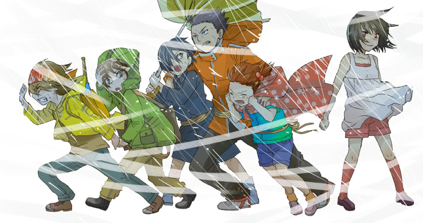 2girls, 4boys, bad_id, bad_pixiv_id, bandana, black_hair, brown_eyes, brown_hair