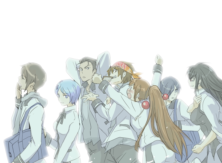 3girls, 4boys, bad_id, bad_pixiv_id, bag, bandana, black_hair, blue_hair