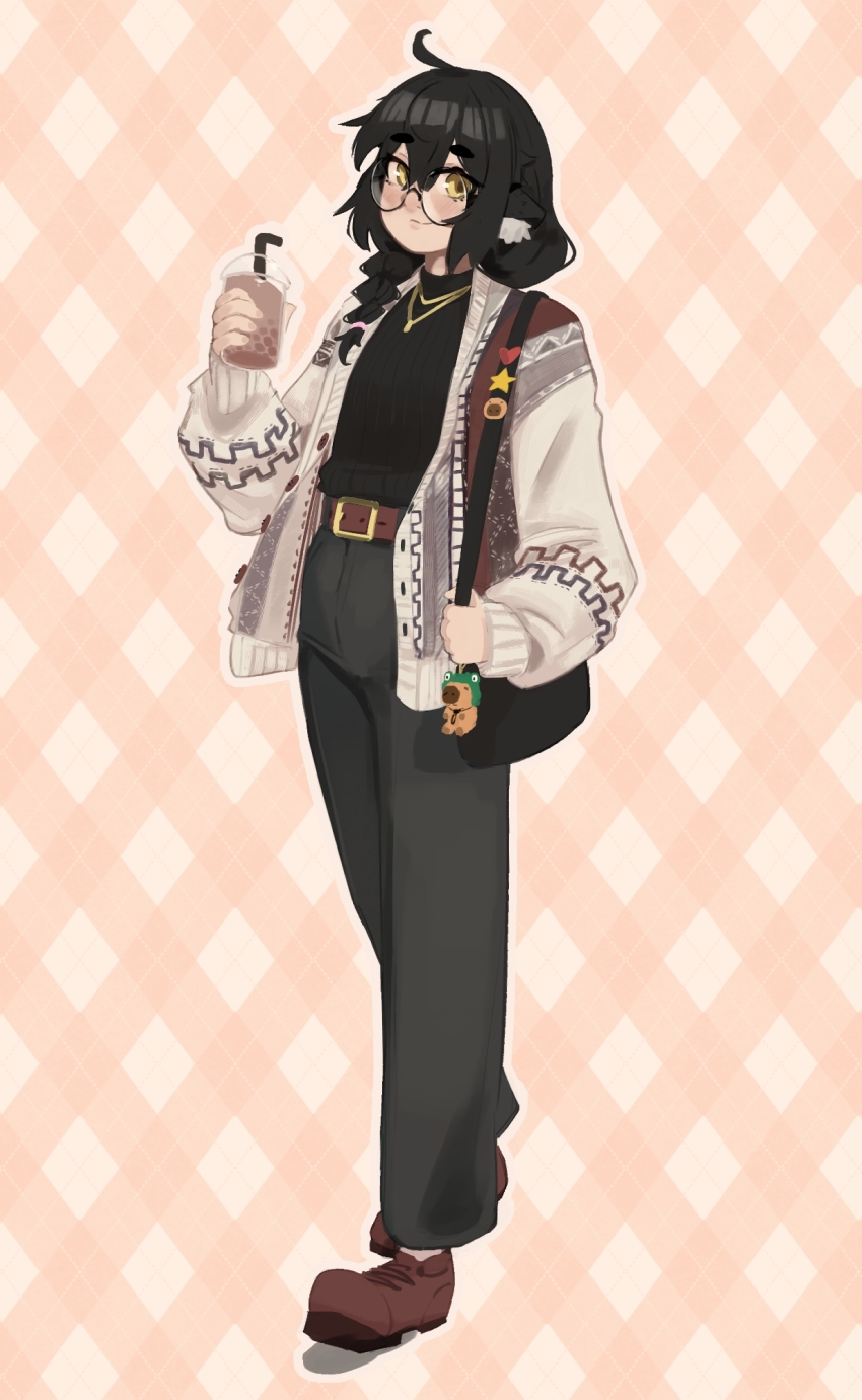 1girl, ahoge, animal_charm, animal_ear_fluff, animal_ears, animal_ornament, animal_request, argyle_background