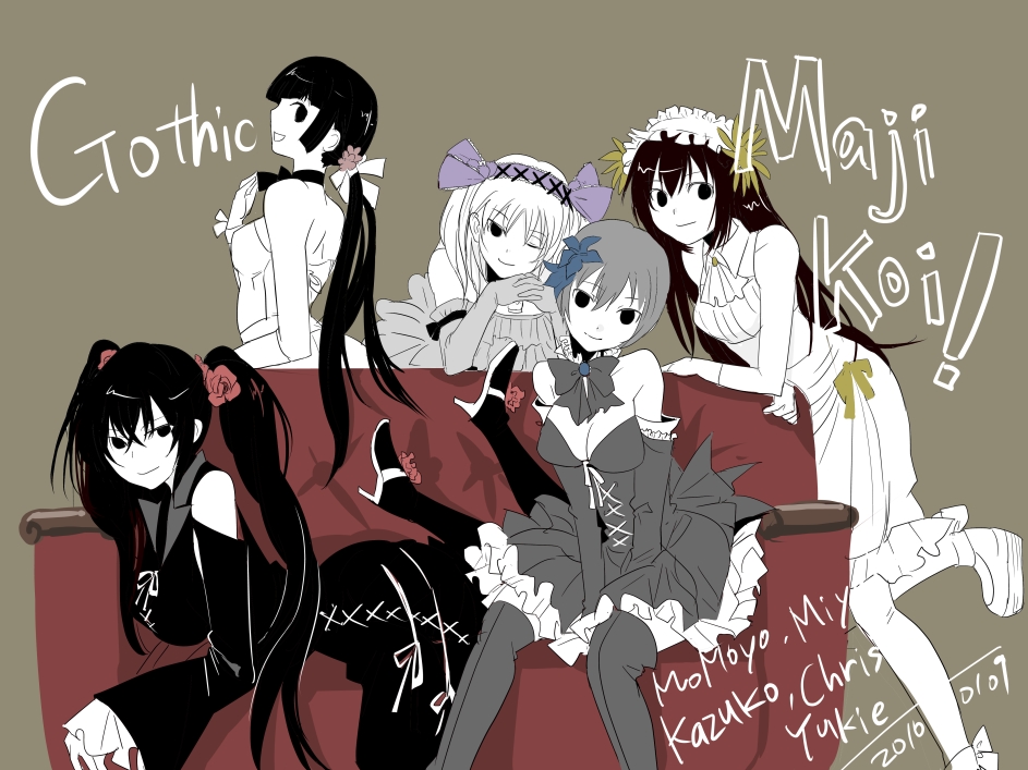 5girls, bad_id, bad_pixiv_id, black_hair, breasts, christiane_friedrich, cleavage, dress, elbow_gloves, flower, gloves, gothic_lolita, hair_flower, hair_ornament, hairband, high_heels, kawakami_kazuko, kawakami_momoyo, lolita_fashion, lolita_hairband, long_hair, maji_de_watashi_ni_koi_shinasai!, mayuzumi_yukie, multiple_girls, nannnann, one_eye_closed, shiina_miyako, shoes, short_hair, small_breasts, thighhighs, wink