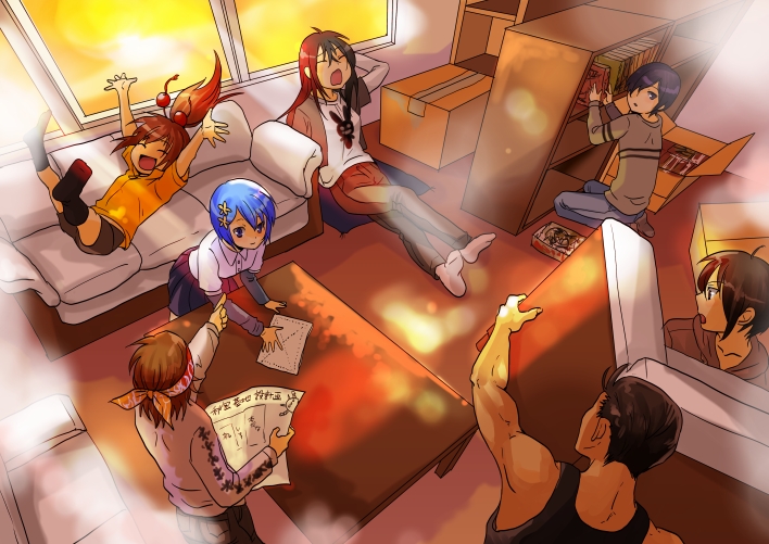 3girls, 4boys, bandana, black_hair, blue_hair, brown_hair, closed_eyes, hood