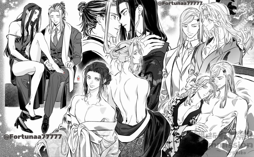 4boys, alternate_costume, asymmetrical_hair, back_tattoo, baji_keisuke, burn_scar, business_suit, commentary_request, crossdressing, crossdressing_(mtf), earrings, floral_print, floral_print_kimono, formal_clothes, fortunaa77777, hair_bun, hanemiya_kazutora, head_tattoo, highres, imminent_kiss, inui_seishu, jacket, japanese_clothes, jewelry, kimono, kimono_partially_removed, kokonoi_hajime, leg_tattoo, long_hair, long_sleeves, male_focus, mole, mole_under_eye, multicolored_hair, multiple_boys, multiple_views, nail_polish, necktie, off_shoulder, print_kimono, red_nails, scar, short_hair, sidecut, single_earring, single_hair_bun, smile, suit, suit_jacket, tattoo, toenails, tokyo_revengers, two-tone_hair, undercut, yaoi