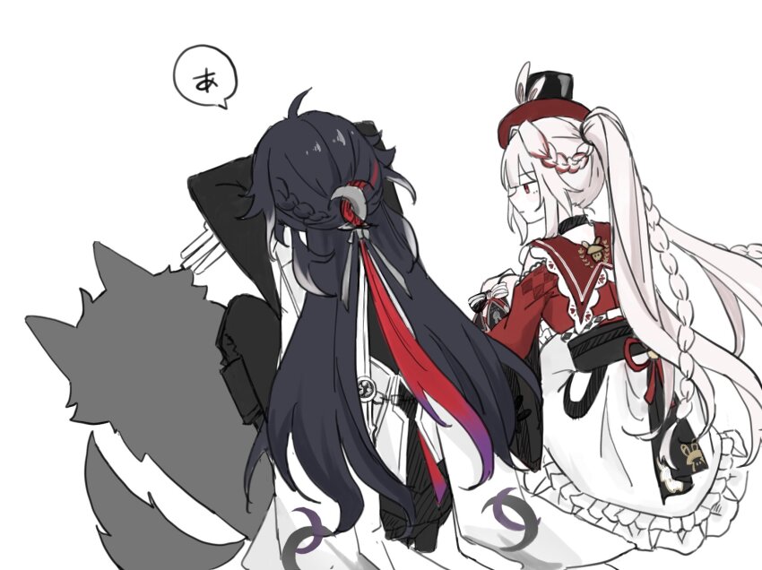 1boy, 1girl, ahoge, ashveil_(honkai:_star_rail), black_hair, braid, cat_shadow_puppet_(meme), choker, clothing_cutout, commentary, crescent, crescent_hair_ornament, cutoffs, dress, hair_ornament, hat, highres, honkai:_star_rail, honkai_(series), jacket, long_hair, looking_at_another, meme, multicolored_hair, pants, shadow, side_braid, sparkle_(honkai:_star_rail), sparxie_(honkai:_star_rail), squatting, streaked_hair, twintails, untranslatable_commentary, urup0417, very_long_hair, white_hair