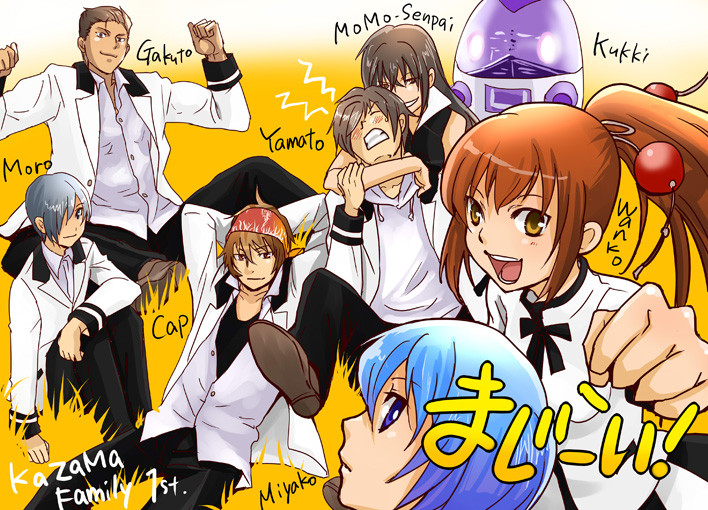 3girls, 4boys, bad_id, bad_pixiv_id, bandana, black_hair, blue_hair, brown_eyes