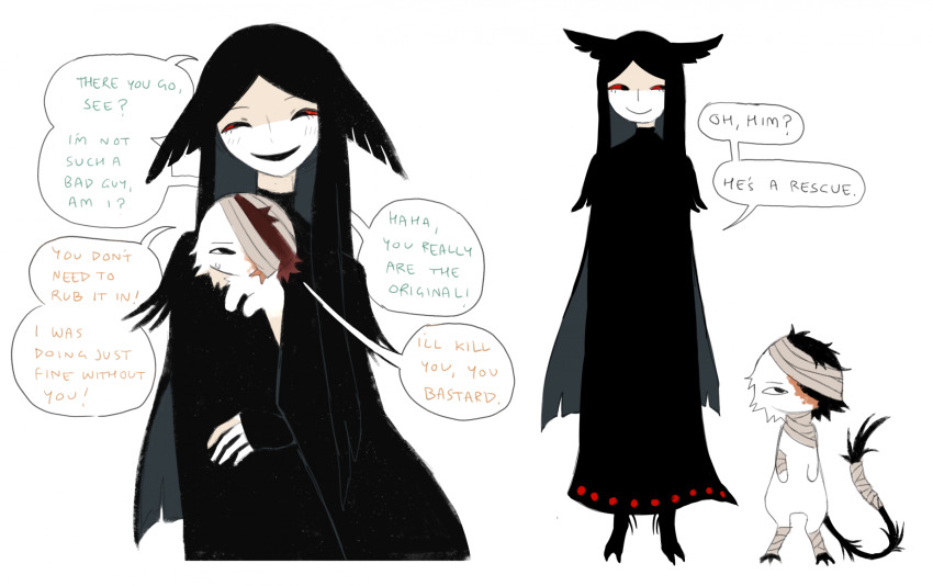 androgynous, animal_ears, bandaged_head, bandaged_leg, bandaged_tail, bandages, black_coat, black_eyes