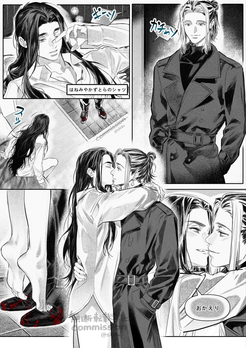 2boys, baji_keisuke, birthday, blood_on_shoes, coat, collared_shirt, commentary, earrings, english_commentary, fortunaa77777, greyscale, hanemiya_kazutora, happy_birthday, highres, jewelry, kiss, long_hair, long_sleeves, male_focus, mole, mole_under_eye, monochrome, multicolored_hair, multiple_boys, naked_shirt, neck_tattoo, rubbing_eyes, shirt, single_earring, sleepy, smile, tattoo, tokyo_revengers, two-tone_hair, yaoi