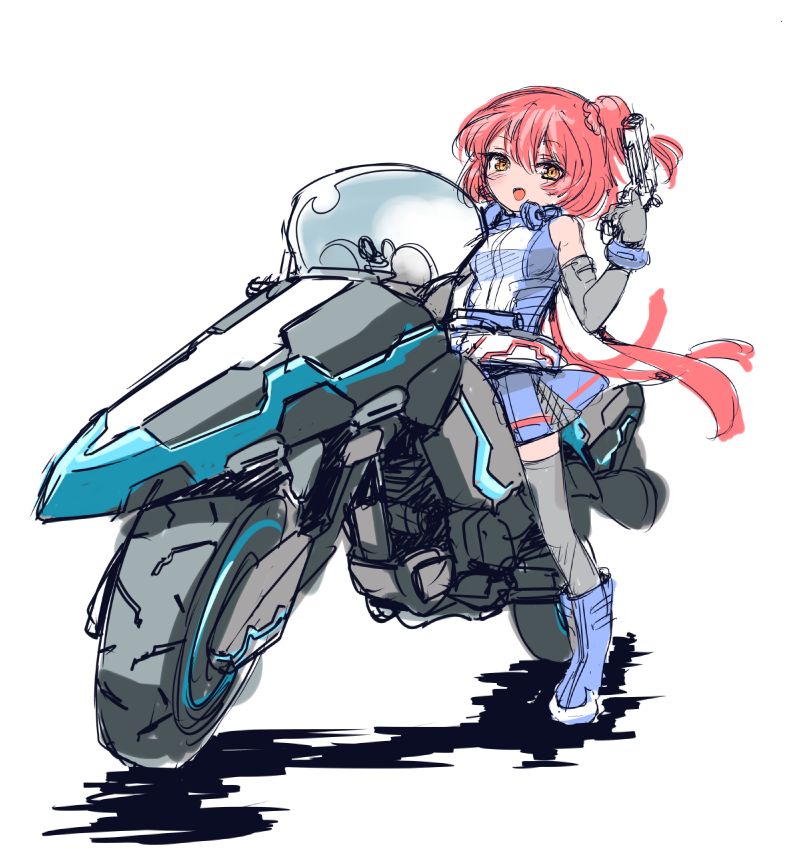 1girl, ajitarou_(setsu), android, blue_boots, blue_jacket, blue_skirt, boots, commentary_request, elbow_gloves, emil_chronicle_online, gloves, grey_gloves, grey_thighhighs, gun, headphones, headphones_around_neck, holding, holding_gun, holding_weapon, jacket, killer_machine_alma, motor_vehicle, motorcycle, on_motorcycle, red_hair, shirt, side_ponytail, skirt, sleeveless, sleeveless_jacket, sleeveless_shirt, solo, thighhighs, weapon, white_background, white_shirt, yellow_eyes