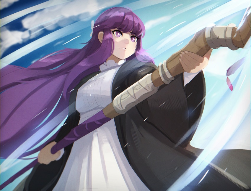 1girl, belt, black_cloak, blue_sky, blurry, casting_spell, cloak, cloud