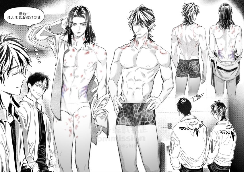 3boys, abs, animal_print, baji_keisuke, bite_mark, bite_mark_on_neck, bite_mark_on_shoulder, bruise