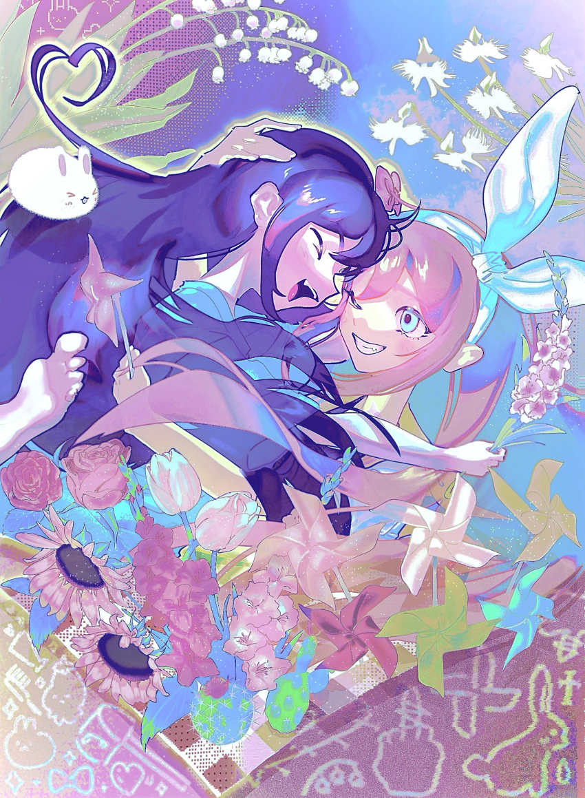 2girls, absurdres, aubrey_(faraway)_(omori), aubrey_(headspace)_(omori), aubrey_(omori), blue_eyes, blue_shirt, bow_hairband, colored_skin, commentary_request, dual_persona, egret_orchid, flower, gladiolus, grin, hairband, heart, heart_cowlick, highres, lily_of_the_valley, looking_at_another, multiple_girls, omori, one_eye_closed, open_mouth, orchid, ow12714, parted_lips, pink_flower, pink_hair, pink_rose, pinwheel, purple_hair, revision, rose, shirt, short_sleeves, smile, sunflower, teeth, tulip, white_flower, white_skin, white_tulip