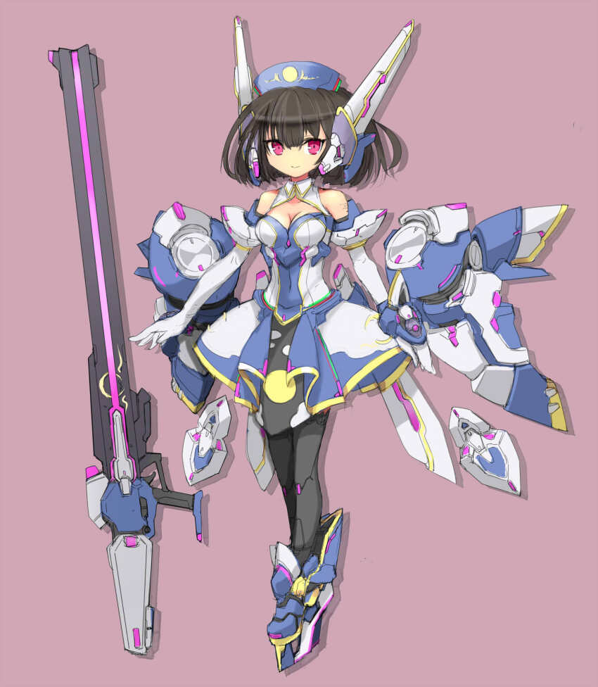 1girl, ajitarou_(setsu), android, bare_shoulders, beam_rifle, black_hair, blue_boots, blue_dress