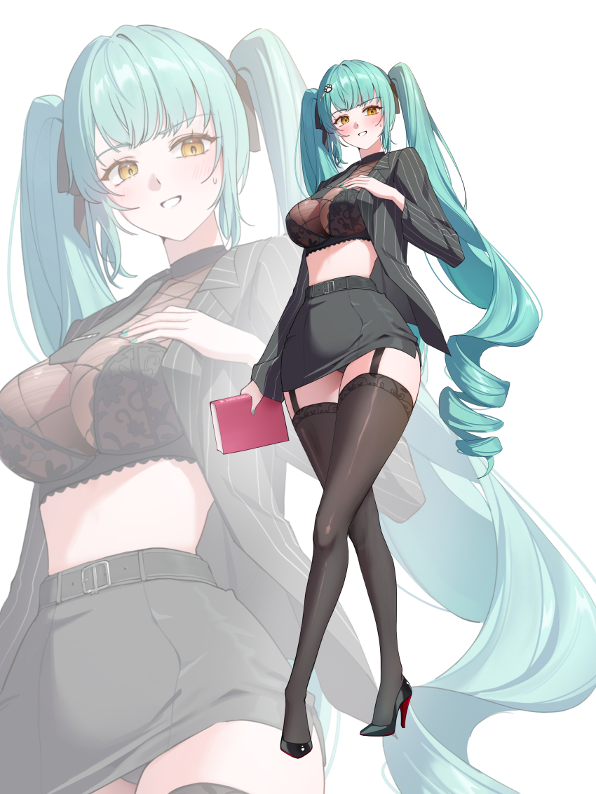 1girl, absurdres, aqua_hair, belt, black_belt, black_bra, book, bra