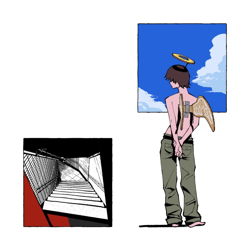 1boy, arms_behind_back, black_hair, cardboard_halo, cardboard_wings, cloud, commentary, contrapposto, english_commentary, fake_halo, fake_wings, from_behind, green_pants, halo, highres, machipachi1901, male_focus, original, pants, solo, stairs, topless_male, wings