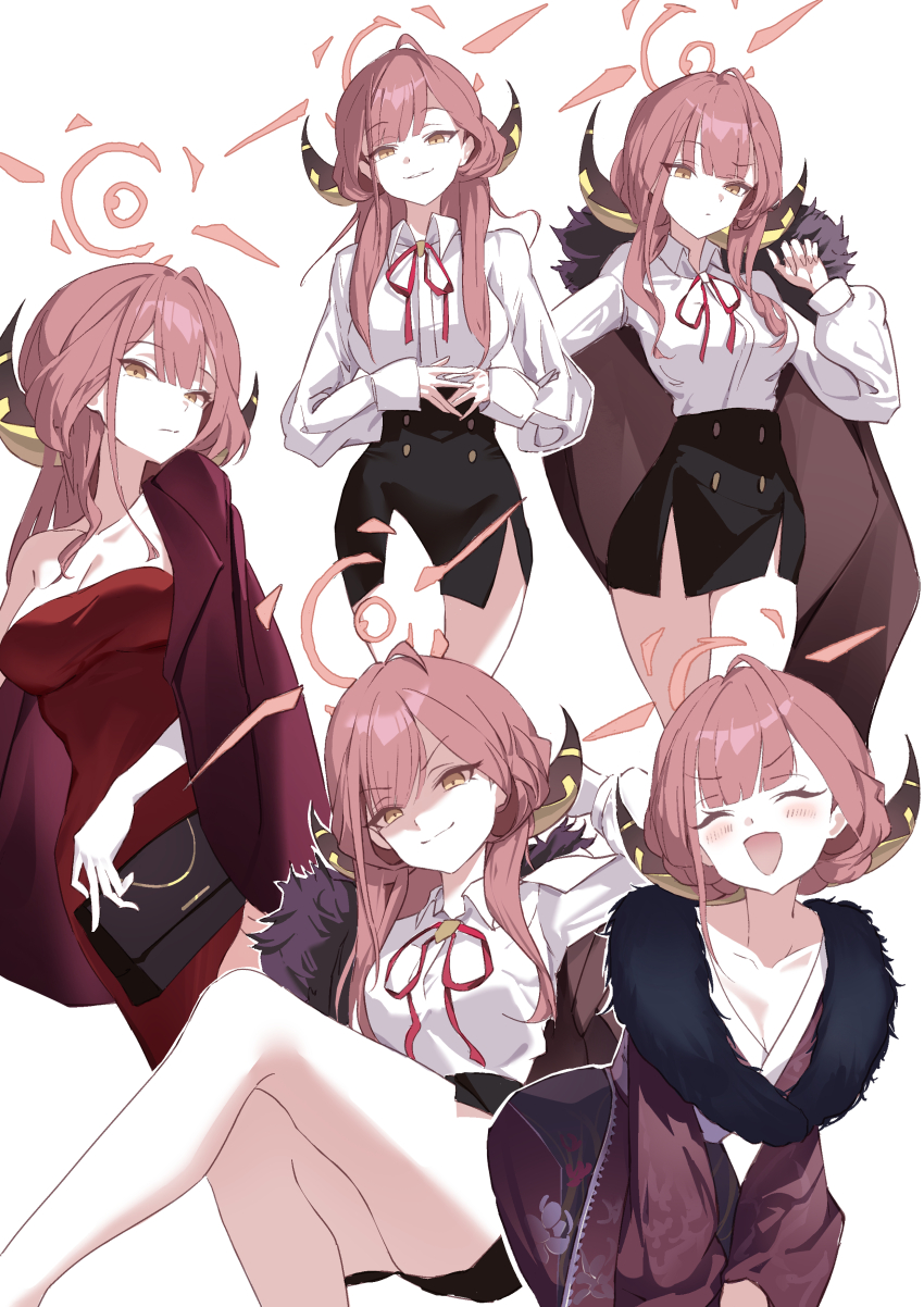 1girl, absurdres, aru_(blue_archive), aru_(dress)_(blue_archive), aru_(new_year)_(blue_archive), bag, black_bag, black_skirt, blue_archive, blush, breasts, chinese_commentary, cleavage, closed_eyes, closed_mouth, coat, coat_on_shoulders, commentary_request, demon_girl, demon_horns, dress, fur-trimmed_coat, fur-trimmed_kimono, fur_trim, gloves, halo, handbag, highres, holding, holding_bag, horns, jacket, jacket_on_shoulders, japanese_clothes, kimono, large_breasts, looking_at_viewer, official_alternate_costume, open_mouth, partially_shaded_face, pink_halo, red_coat, red_dress, red_hair, red_jacket, red_kimono, red_ribbon, ribbon, shirt, sikadi_shigaoshou, single_bare_shoulder, skirt, sleeveless, sleeveless_dress, smile, strapless, strapless_dress, white_gloves, white_shirt, yellow_eyes