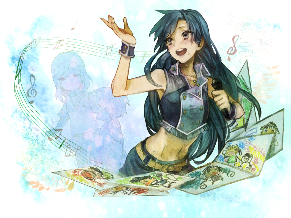 1girl, bad_id, bad_pixiv_id, belt, black_eyes, blue_hair, ccc2, child's_drawing, crop_top, dual_persona, female_focus, idol, idolmaster, idolmaster_(classic), kisaragi_chihaya, kisaragi_yuu, kisaragi_yuu_(idolmaster), long_hair, luxury_(idolmaster), microphone, midriff, musical_note, navel, solo, tears, treble_clef, wireless, wrist_cuffs