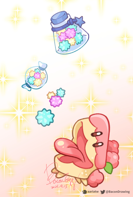 animal_focus, bacondrawing, bad_id, bad_twitter_id, cake_hound, candy, cookie_run, cookie_run:_kingdom, creature, creature_focus, food, food-themed_creature, konpeitou, no_humans, open_mouth, raspberry_cake_hound, signature, solo, sparkle, tongue