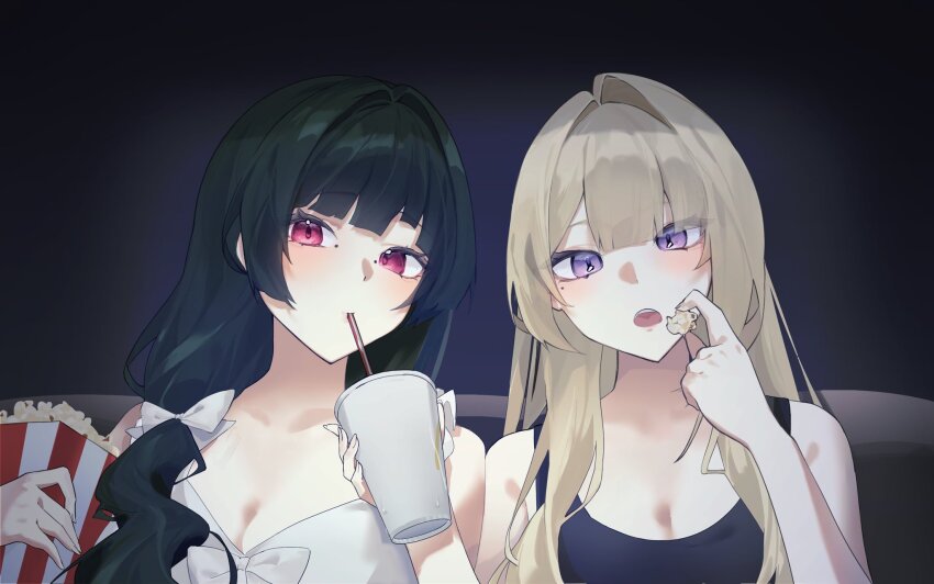 2girls, astra_yao, black_hair, black_shirt, blonde_hair, breasts, cleavage, commentary_request, cup, disposable_cup, drinking_straw, drinking_straw_in_mouth, evelyn_chevalier, food, hair_intakes, highres, holding, holding_cup, long_hair, mmmi00745393271, mole, mole_under_eye, multiple_girls, open_mouth, popcorn, purple_eyes, red_eyes, ribbon, shirt, uneven_bangs, upper_body, white_ribbon, zenless_zone_zero