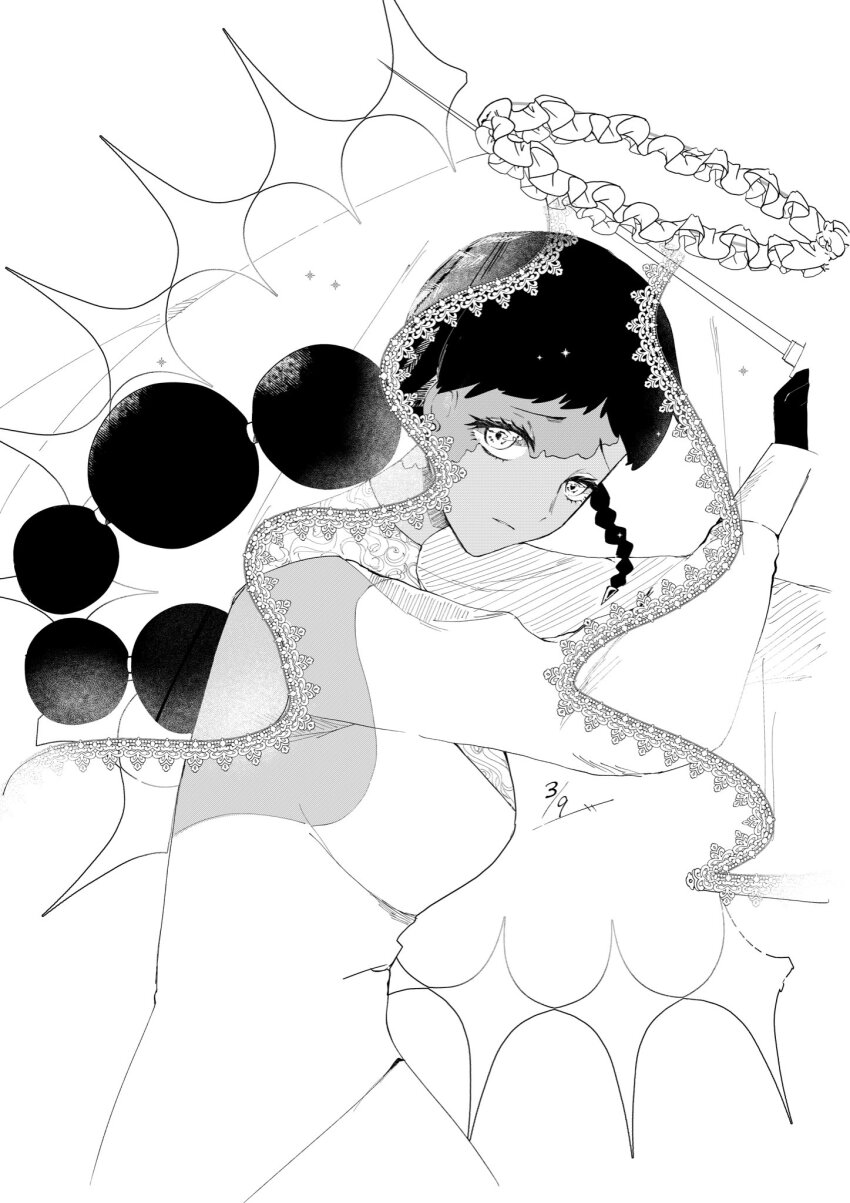 1girl, :|, closed_mouth, commentary_request, desscaras, dress, flahmm8hrd6447, gloves, greyscale, highres, holding, holding_wand, long_hair, looking_at_viewer, madan_no_ichi, monochrome, solo, twintails, veil, wand