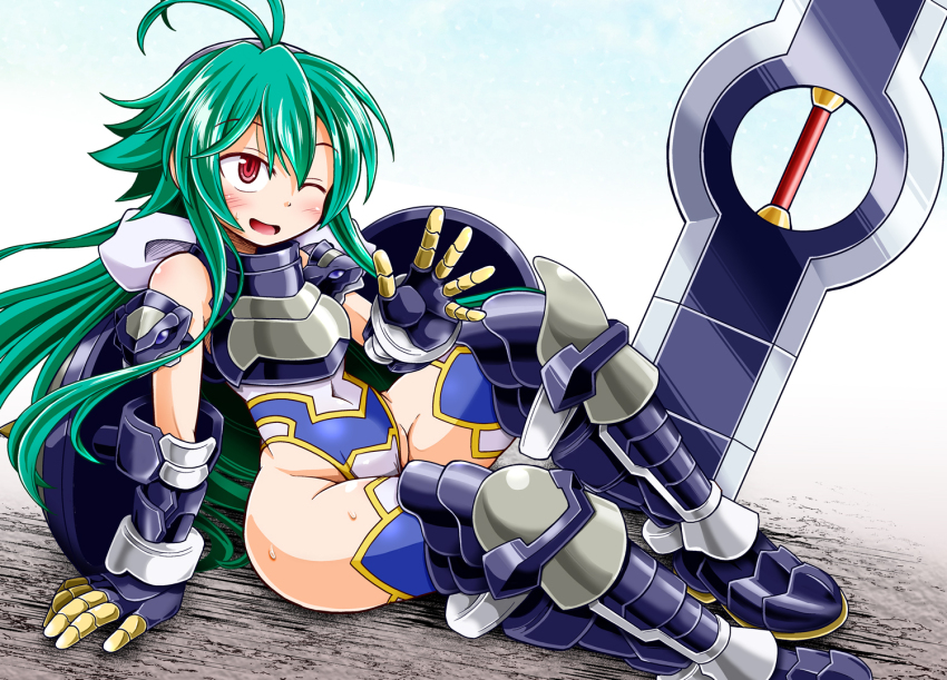 1girl, antenna_hair, armor, armored_boots, black_armor, blue_leotard, boots, bow, commentary_request, covered_navel, gauntlets, gold_trim, green_hair, hair_bow, huge_weapon, leotard, long_hair, mitakaryona, multicolored_leotard, one_eye_closed, open_mouth, planted, red_eyes, shinrabanshou, shizuku_(shinrabanshou), sitting, smile, solo, suireiken_shizuku_(shinrabanshou), sweatdrop, waving, weapon, white_bow, white_leotard