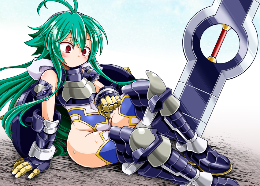 1girl, antenna_hair, armor, armored_boots, black_armor, blue_leotard, boots, bow