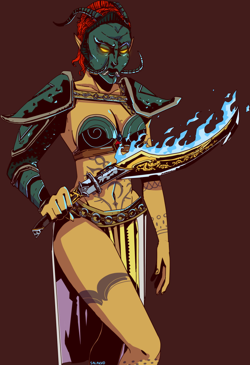 1girl, almalexia, almalexia's_mask, arm_tattoo, armor, boobplate, breastplate, brown_background, colored_skin, commentary, cowboy_shot, english_commentary, glowing, glowing_eyes, gold_skin, green_armor, highres, holding, holding_sword, holding_weapon, hopefires_(sword), klng-knight, leg_tattoo, mask, midriff, pointy_ears, red_hair, shoulder_armor, signature, solo, stomach_tattoo, sword, tattoo, the_elder_scrolls, the_elder_scrolls_iii:_morrowind, weapon, white_loincloth, yellow_eyes, yellow_skin