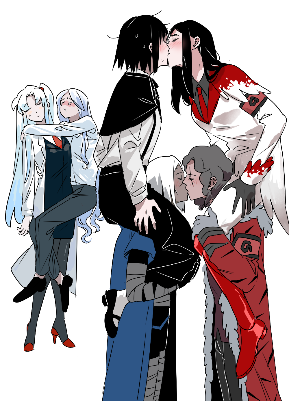 1girl, 5others, angela_(project_moon), armband, black_capelet, black_hair, black_skirt, blue_hair