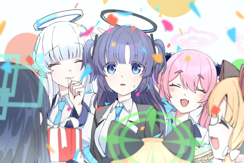 6+girls, ^_^, animal_ear_headphones, animal_ears, ao2_77363, aqua_necktie, aris_(blue_archive), basket, birthday, black_halo, black_suit, blonde_hair, blue_archive, blue_eyes, blue_hair, blue_halo, blunt_bangs, blush, bow, box, breasts, closed_eyes, collared_shirt, commentary_request, confetti, fake_animal_ears, fang, finger_to_mouth, formal_clothes, gear_halo, gift, gift_box, green_halo, hair_bow, hair_ornament, halo, happy_birthday, headphones, highres, holding, holding_basket, holding_gift, koyuki_(blue_archive), long_hair, mechanical_halo, midori_(blue_archive), momoi_(blue_archive), multiple_girls, necktie, noa_(blue_archive), open_mouth, pink_hair, pink_halo, purple_hair, rectangular_halo, seminar_(blue_archive), shirt, skin_fang, smile, suit, surprised, sweatdrop, thick_eyebrows, twintails, two_side_up, very_long_hair, white_background, white_bow, white_hair, white_halo, white_shirt, white_suit, yuuka_(blue_archive)