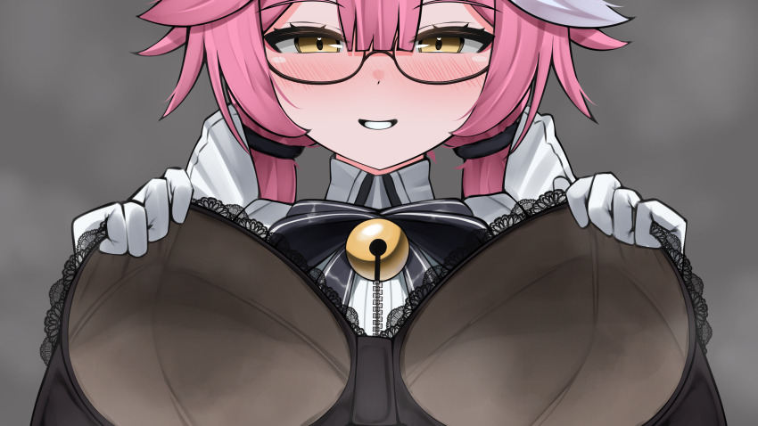 1girl, absurdres, bell, black-framed_eyewear, black_bow, black_bra, blush, bow