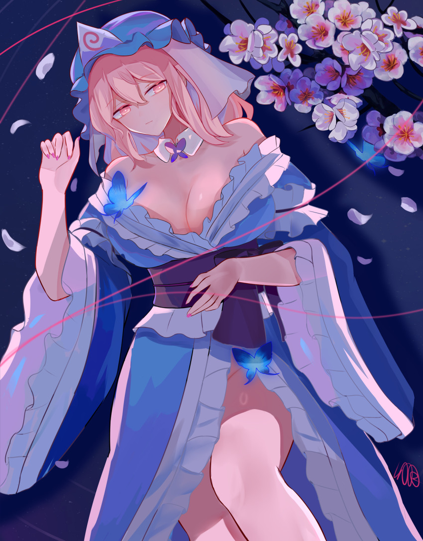 1girl, bare_shoulders, blue_kimono, breasts, bug, butterfly, cherry_blossoms, cleavage