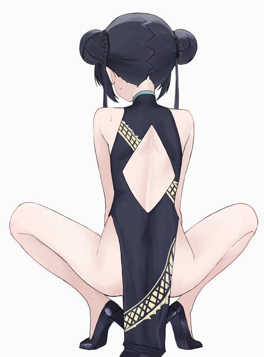 1girl, absurdres, black_dress, black_shoes, blue_archive, china_dress, chinese_clothes, double_bun, dress, from_behind, full_body, hair_bun, high_heels, highres, kisaki_(blue_archive), loli, pelvic_curtain, ritaiya, shoes, short_hair_with_long_locks, sidelocks, simple_background, small_sweatdrop, solo, squatting, white_background