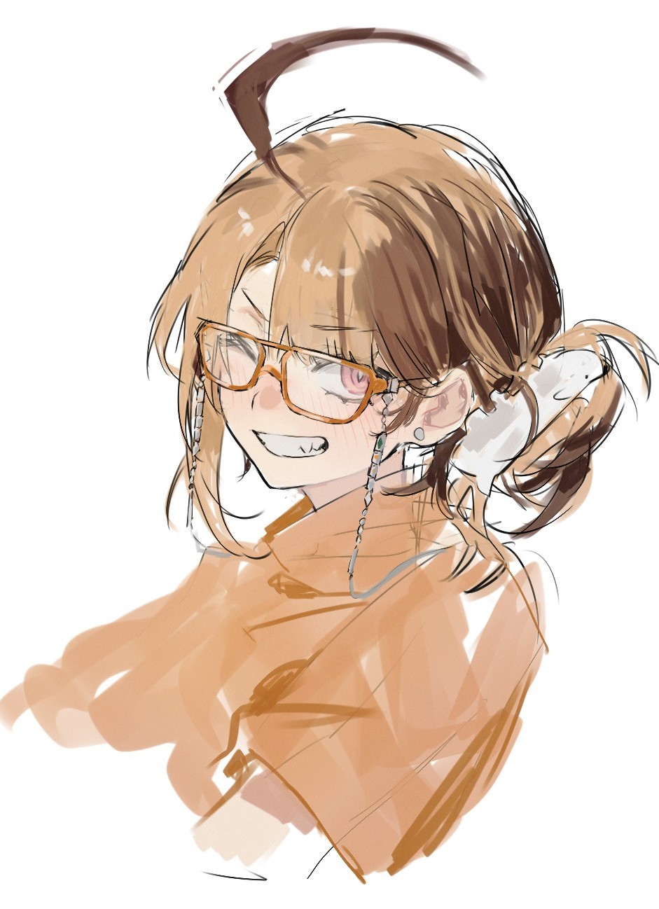 1girl, ahoge, bespectacled, blonde_hair, brown_hair, brown_shirt, commentary, cropped_shoulders