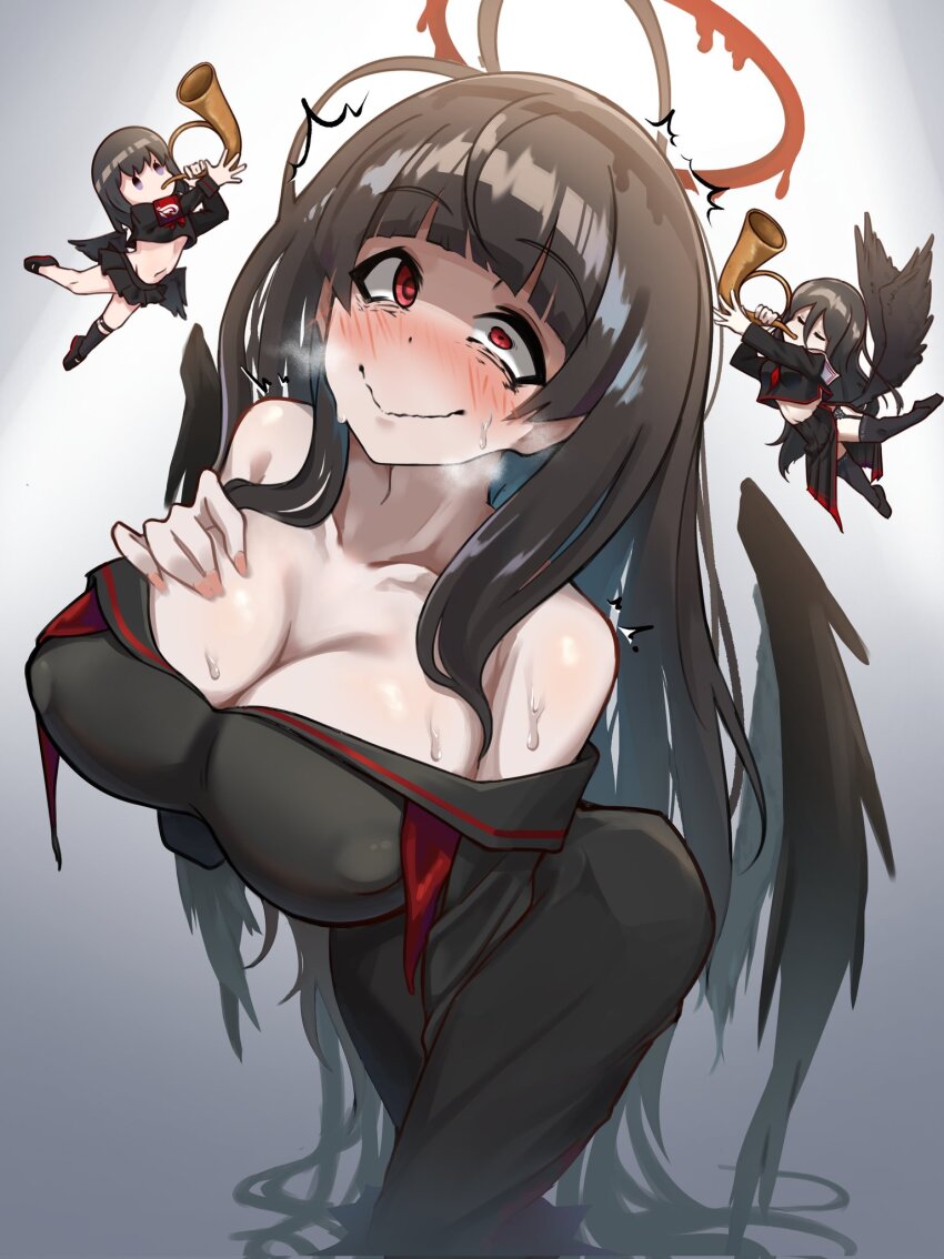 3girls, bags_under_eyes, between_legs, black_dress, black_hair, black_wings, blood, blood_halo, blowing_horn, blue_archive, blunt_bangs, blush, breasts, cherub, cleavage, dress, embarrassed, feathered_wings, grey_background, halo, hand_between_legs, hand_on_own_chest, hasumi_(blue_archive), horn_(instrument), large_breasts, liquid_halo, long_dress, long_hair, low_wings, mashiro_(blue_archive), melting_halo, multiple_girls, off-shoulder_dress, off_shoulder, pink_nails, red_eyes, shaded_face, smile, tomoko908_(nap4342), tsurugi_(blue_archive), wavy_mouth, wings