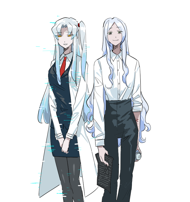 1girl, 1other, angela_(project_moon), black_pants, black_pantyhose, blue_hair, closed_mouth, coat, collared_shirt, commentary_request, digital_dissolve, grey_eyes, lab_coat, lapels, lobotomy_corporation, long_hair, looking_at_viewer, manager_(wonderlab), necktie, notched_lapels, one_side_up, open_mouth, pants, pantyhose, parted_bangs, project_moon, red_necktie, shirt, smile, very_long_hair, wei_qie_zaisheng, white_coat, white_shirt, wonderlab