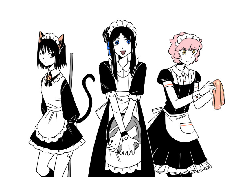 3others, apron, black_eyes, black_hair, blue_eyes, catt_(project_moon), closed_mouth, commentary_request