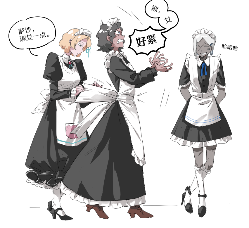 3others, apron, black_dress, black_shoes, blue_ribbon, boots, brown_boots, clenched_teeth