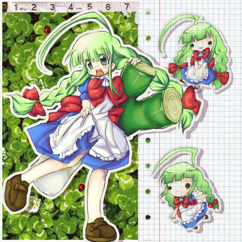 1girl, 2000s_(style), ahoge, apron, blue_dress, blush, bow, bowtie, braid, bug, chibi, chibi_inset, clover, collage_(medium), collage_background, commentary, dress, english_commentary, faux_retro_artstyle, glasses, green_eyes, green_hair, grid_paper, highres, insect, ladybug, lennardo_(grim_the_end), long_hair, long_sleeves, me-tan, multiple_views, open_mouth, os-tan, paper, red_bow, red_bowtie, ruler, spring_onion, twin_braids