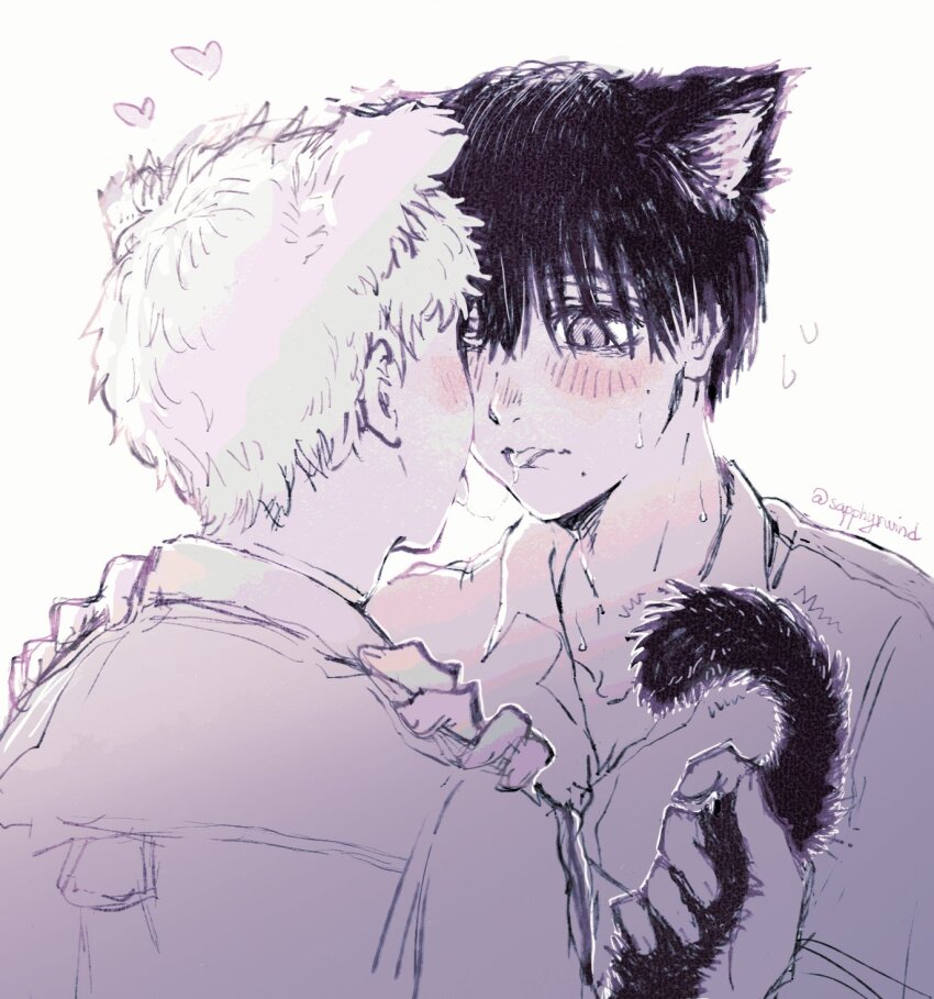 2boys, after_kiss, animal_ears, blush, cat_boy, cat_ears, cat_tail, collared_shirt