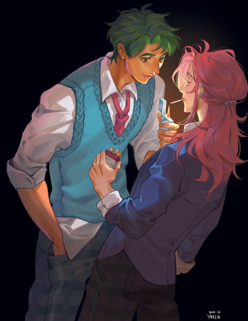 2boys, absurdres, artist_name, black_background, black_pants, blue_jacket, blue_sweater_vest, cherry_blossom_(sk8)